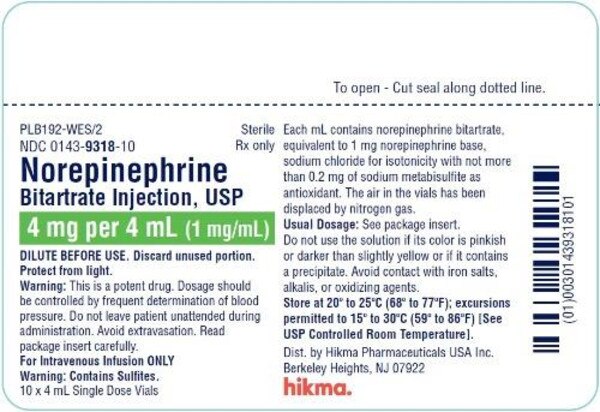 NOREPINEPHRINE BITARTR 4MG SDV 10X4ML