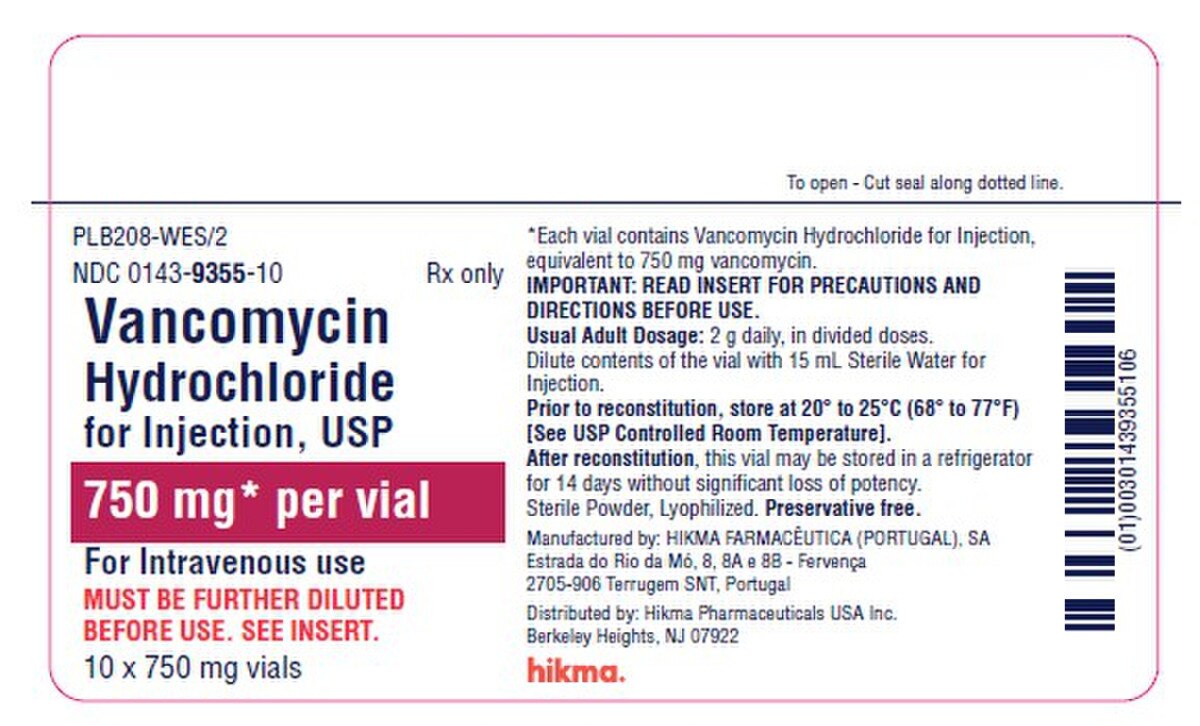 Vancomycin Hydrochloride for Injection USP, 750 mg per vial, 10-vial carton, NDC 0143-9355-10