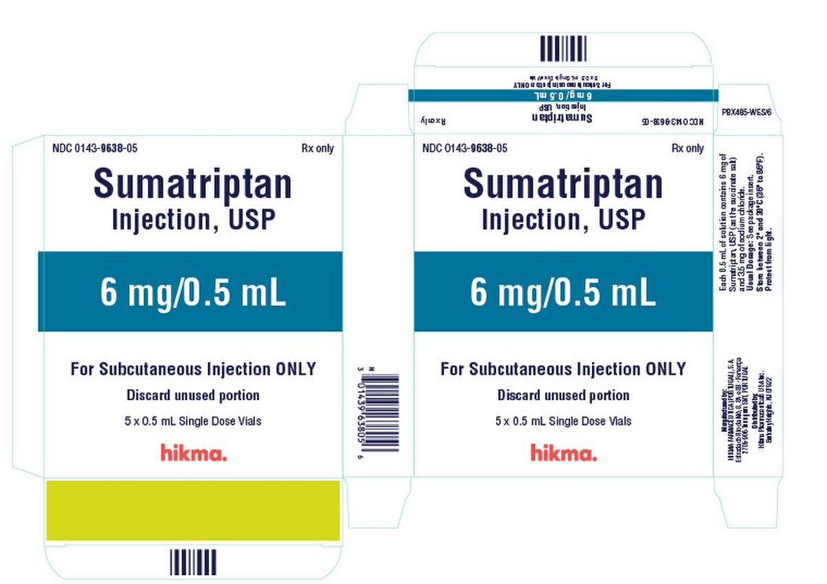 Sumatriptan Injection USP, 6 mg/0.5 mL, five single-dose vial carton, NDC 0143-9638-05