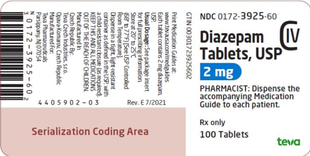 Diazepam 2 mg Oral Tablet, 100 Tablets/Bottle