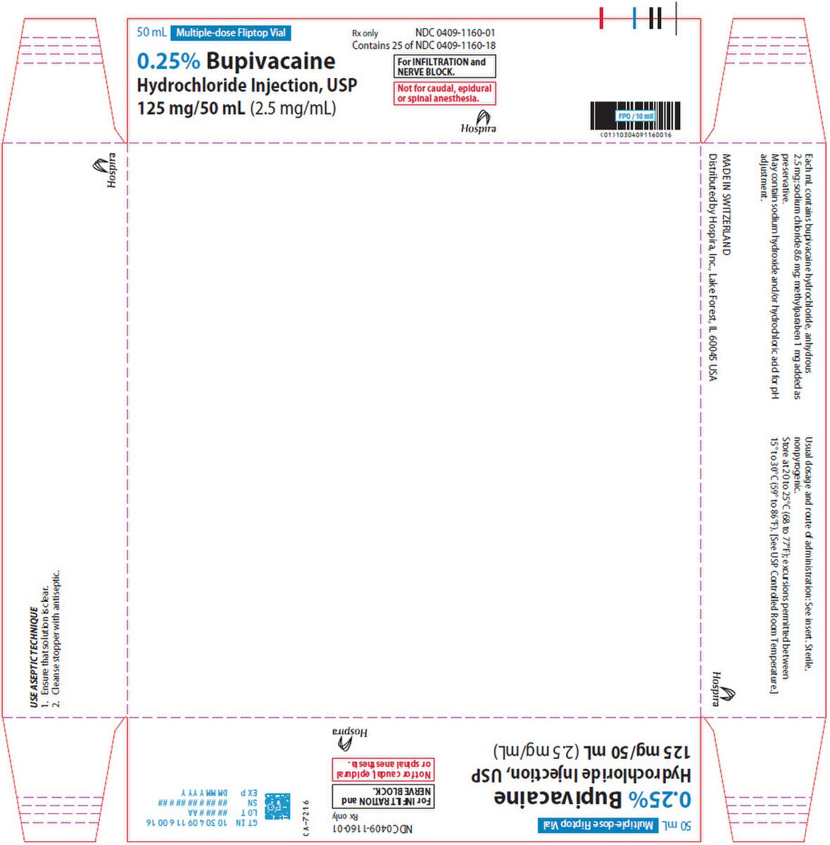 Bupivacaine Hydrochloride Injection 0.25 percent tray with twenty-five 50 mL multi-dose vials, NDC 00409-1160-01