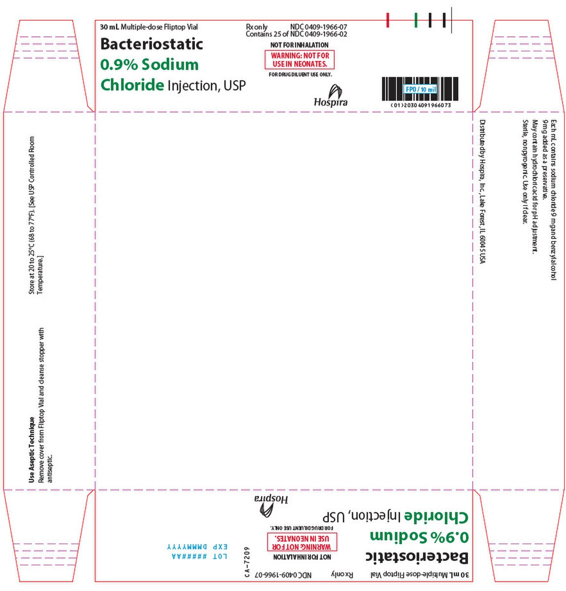 Bacteriostatic Sodium Chloride 0.9% Injection, 30 mL Multi-Dose Vial, 25 Vials/Pack