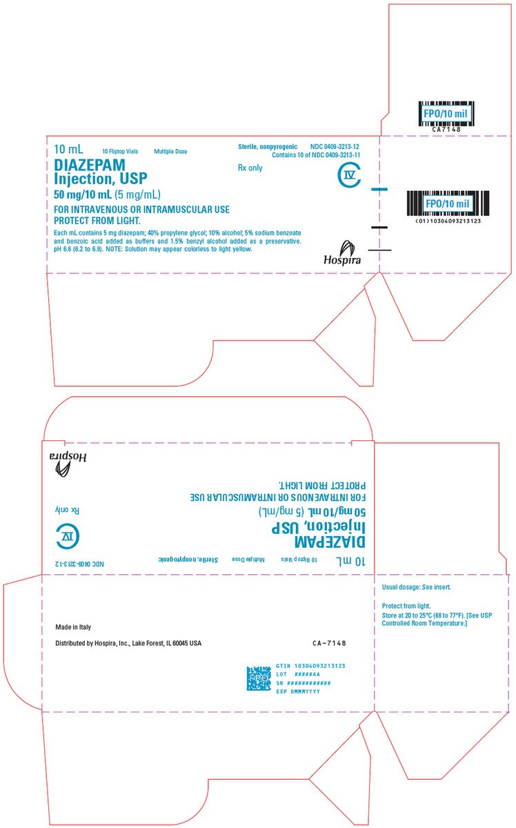 Diazepam Injection 5 mg per mL box with ten 10 mL multi-dose vials, NDC 00409-3213-12