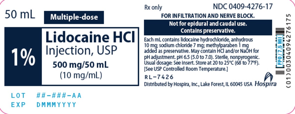 Hospira lidocaine HCl injection 1 percent 500 mg per 50 mL multi-dose vial, NDC 0409-4276-17