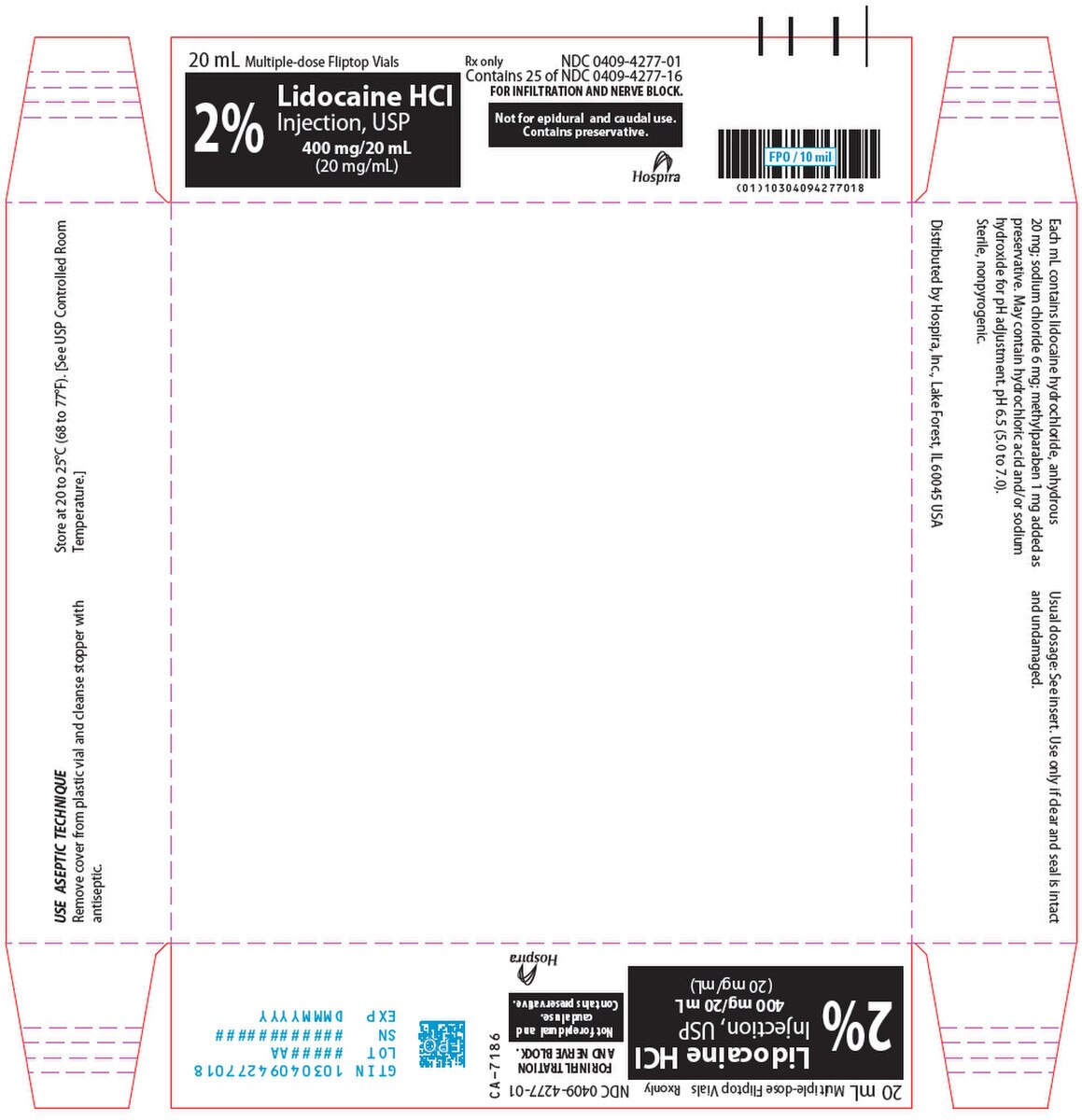 Hospira lidocaine HCl injection 2 percent 400 mg per 20 mL multi-dose vials, tray of 25, NDC 0409-4277-01