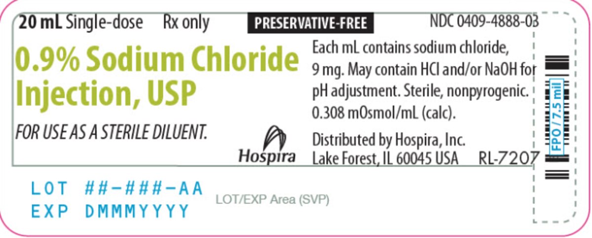 0.9% Sodium Chloride Injection 20 mL preservative-free single-dose vial, NDC 00409-4888-03