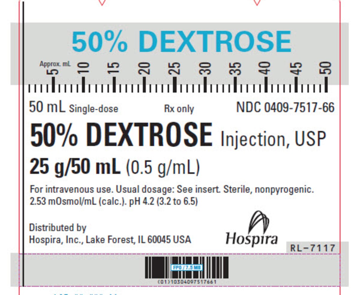 50 percent Dextrose Injection 25 g per 50 mL single-dose prefilled syringe, NDC 00409-7517-66