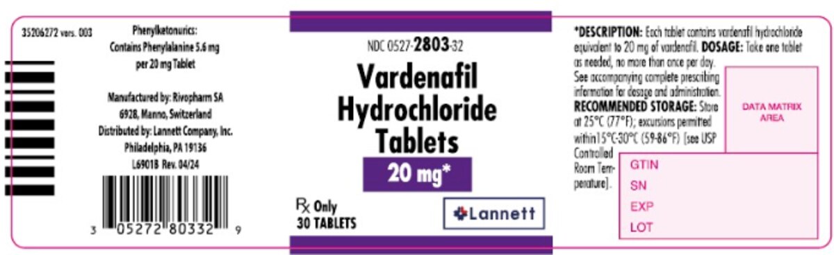 Vardenafil HCL 20 mg Tablets, 30 Tablets/Bottle