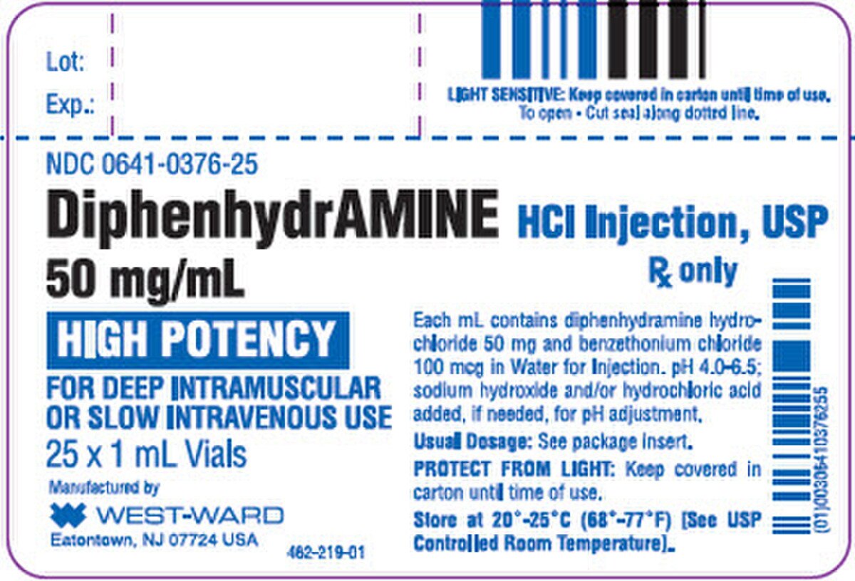 Diphenhydramine HCl injection USP 50 mg/mL carton of 25 one-milliliter vials, NDC 00641-0376-25