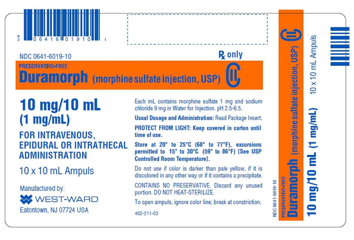 DURAMORPH morphine sulfate injection 10 mg per 10 mL carton with ten 10 mL ampules, NDC 00641-6019-10