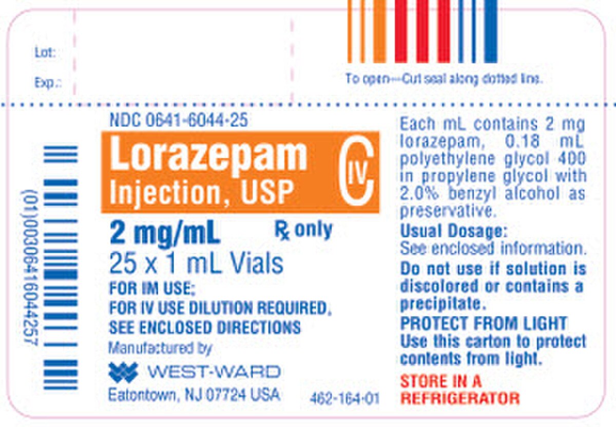 Hikma Lorazepam Injection USP 2 mg/mL carton of twenty-five 1 mL vials, NDC 0641-6044-25