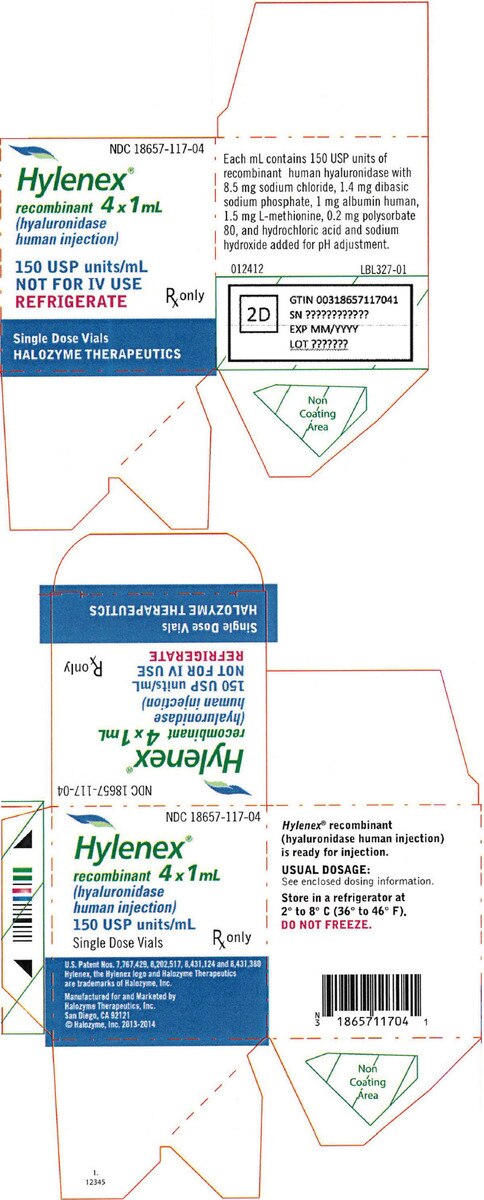 Hylenex recombinant (hyaluronidase) injection, 150 USP units/mL, 4 × 1 mL carton, NDC 18657-117-04
