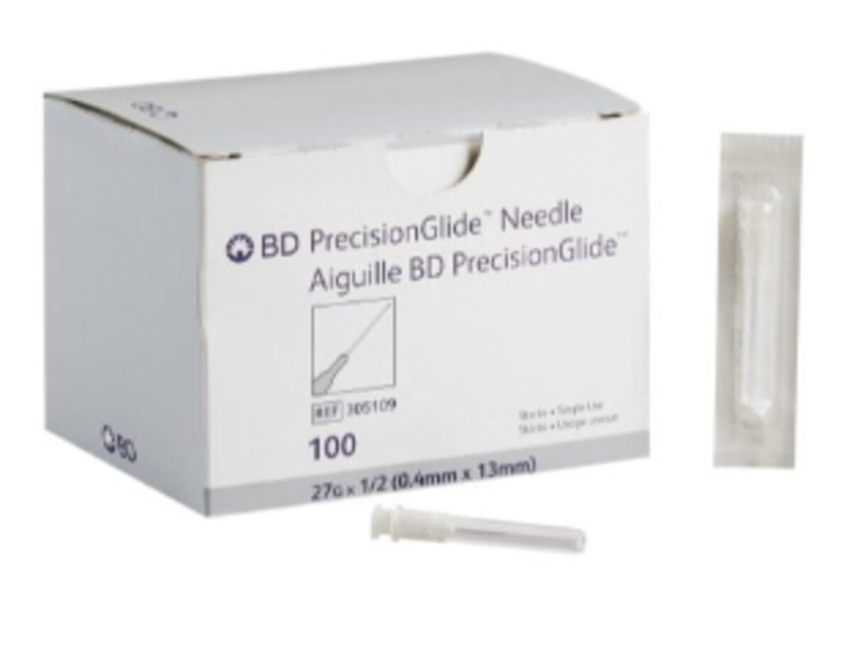 BD PrecisionGlide Hypodermic Needle 27 gauge x 0.5 inch, box of 100, medication preparation and administration product image