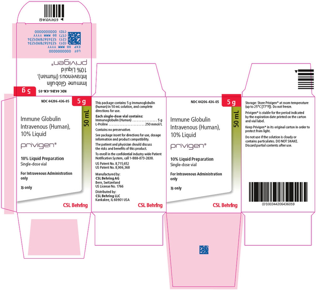 Privigen Immune Globulin Intravenous (Human) 10% 5 g per 50 mL vial, one 50 mL vial by CSL Behring, NDC 44206043605