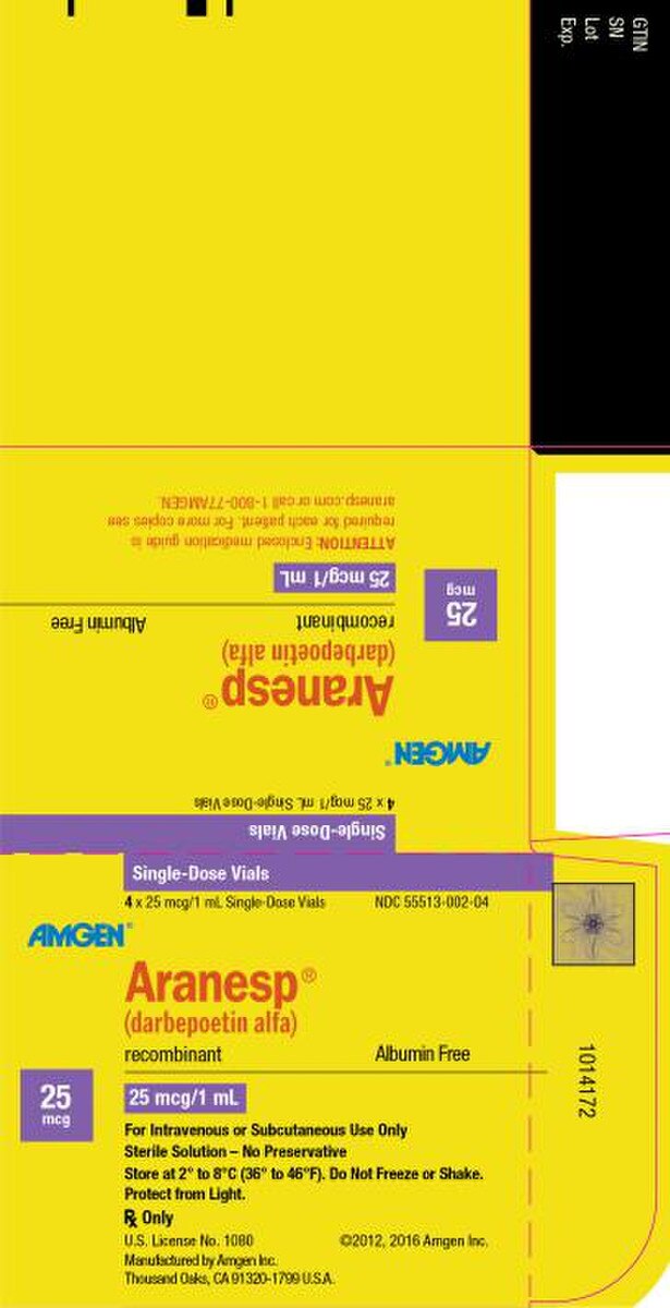 Aranesp (Darbepoetin Alfa) Injection 25 mcg/1 mL, Carton of 4 single-dose vials, NDC 55513-0002-04