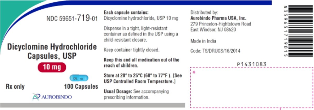 Dicyclomine Hydrochloride 10 mg oral capsules, bottle of 100 capsules, NDC 59651-0719-01 product image