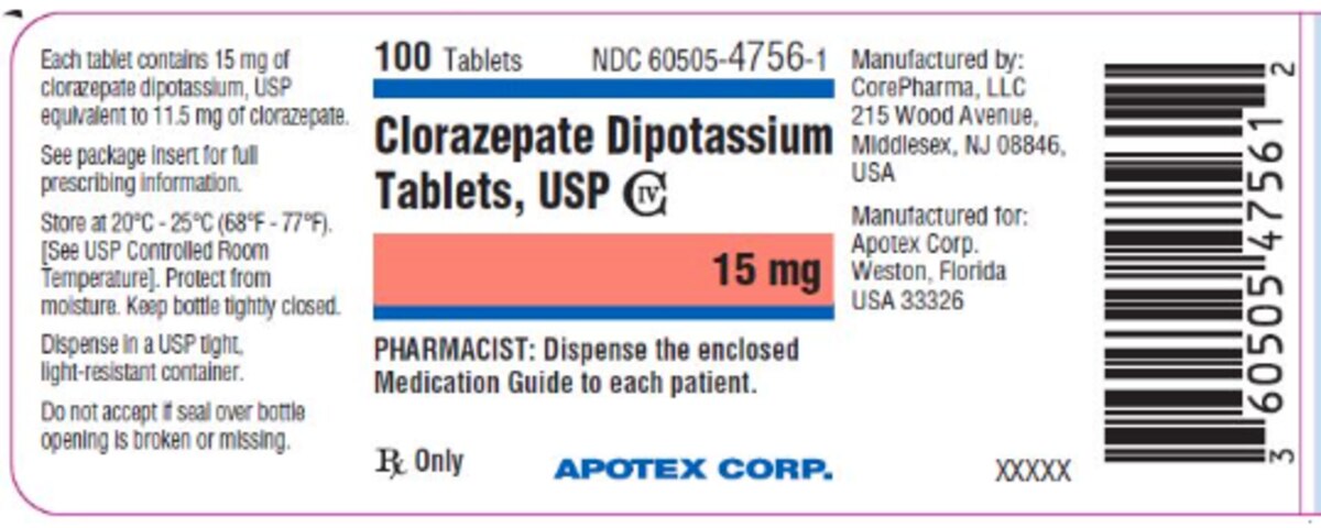 Clorazepate Dipotassium Tablets 15 mg, Bottle of 100 tablets, NDC 60505-4756-01
