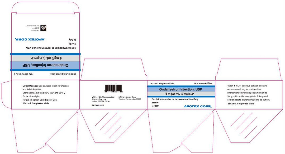 Ondansetron Injection 2 mg/mL (4 mg/2 mL) single-dose vial; individual NDC 60505-6130-00 and tray of 25 NDC 60505-6130-05
