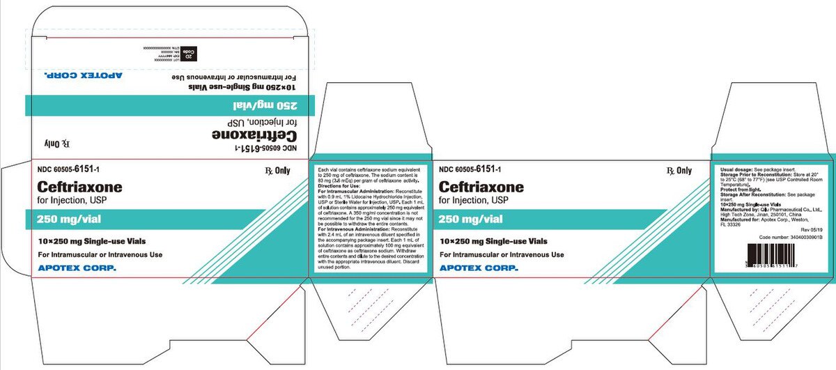 Ceftriaxone for Injection 250 mg, 10 single-dose 10 mL vials, NDC 60505-6151-01