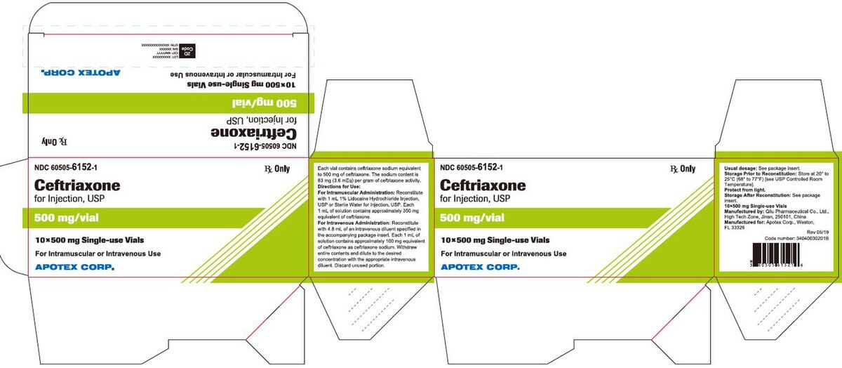 Ceftriaxone for Injection 500 mg, 10 single-dose 10 mL vials, NDC 60505-6152-01