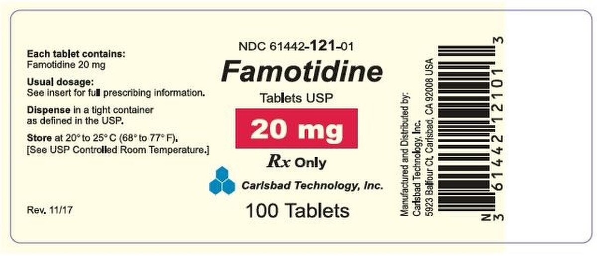 Famotidine Tablets USP, 20 mg, 100-tablet bottle, NDC 61442-121-01