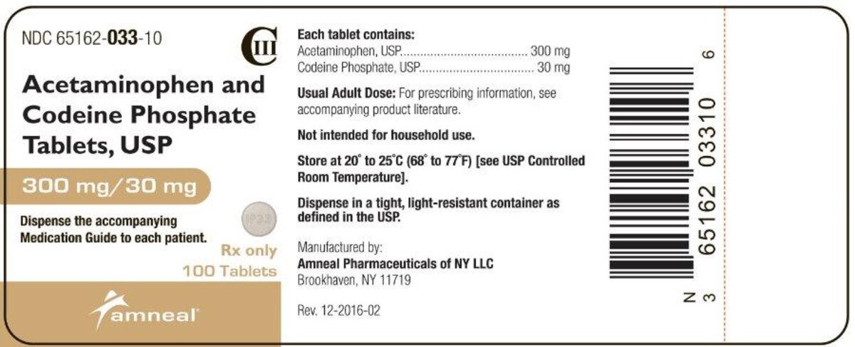 Acetaminophen and Codeine Phosphate Tablets 300 mg/30 mg, Bottle of 100 tablets, NDC 65162-0033-10