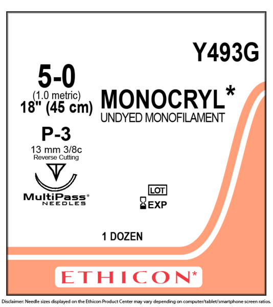 Ethicon 5-0 MONOCRYL UNDYED 1X18" P-3, catalog Y493G